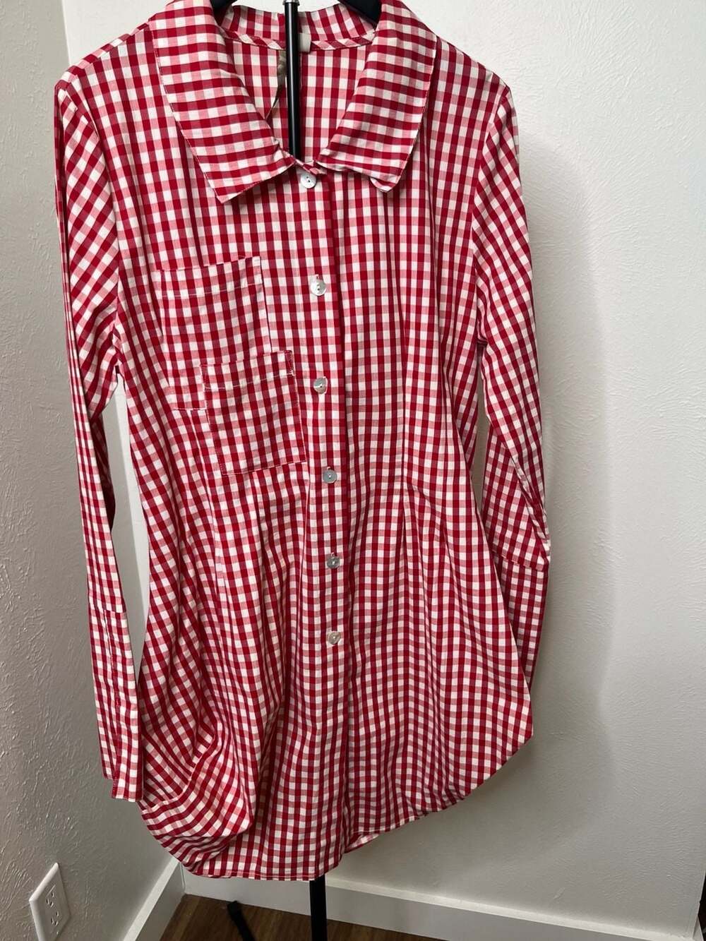 Red White Gingham Shirt Dress Cottagecore Lagenlook Drawstring Collar Tunic